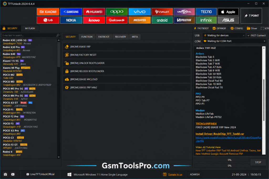 TFTUnlock Tool 2026 main interface for Android flashing and repair