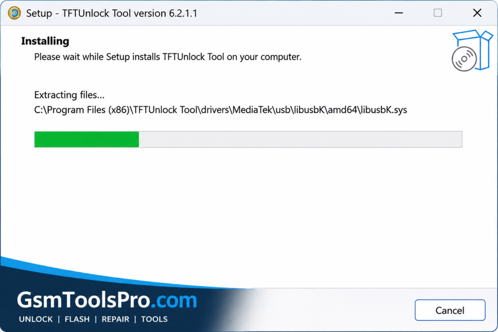 TFT Unlock Tool installation progress screen showing file extraction