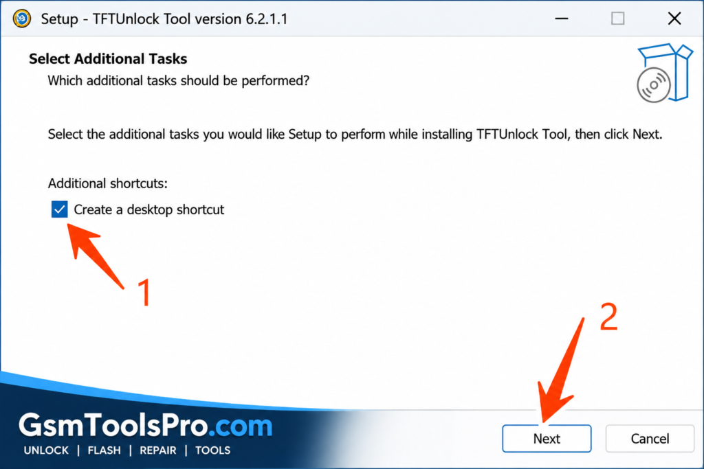 TFTUnlock Tool installation screen with desktop shortcut option