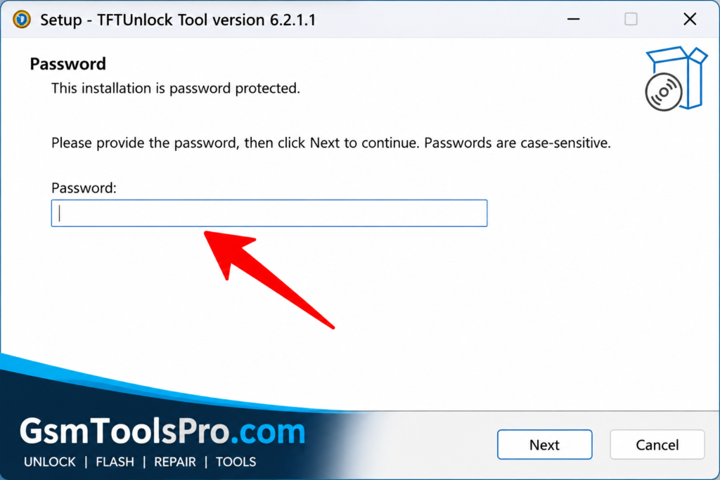 TFT Tool pro password protected setup installation screen