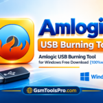 Featured image for the Amlogic USB Burning Tool Windows download guide, using the tool's flame logo, software name and GsmToolsPro.com branding. Check compatibility and installation requirements before use.