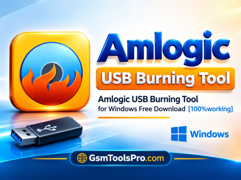 Featured image for the Amlogic USB Burning Tool Windows download guide, using the tool's flame logo, software name and GsmToolsPro.com branding. Check compatibility and installation requirements before use.