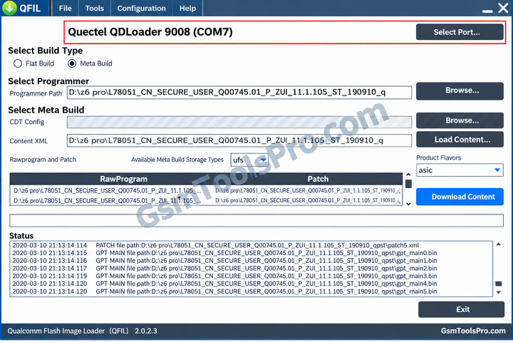 QFIL Tool No Port Available screen on Windows